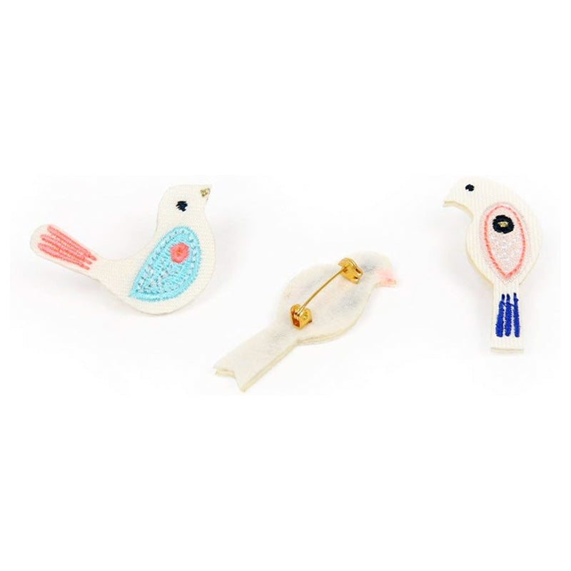 Meri Meri Embroidered Bird Brooches for Children and Adults to add to Jackets, Bags and Hat.