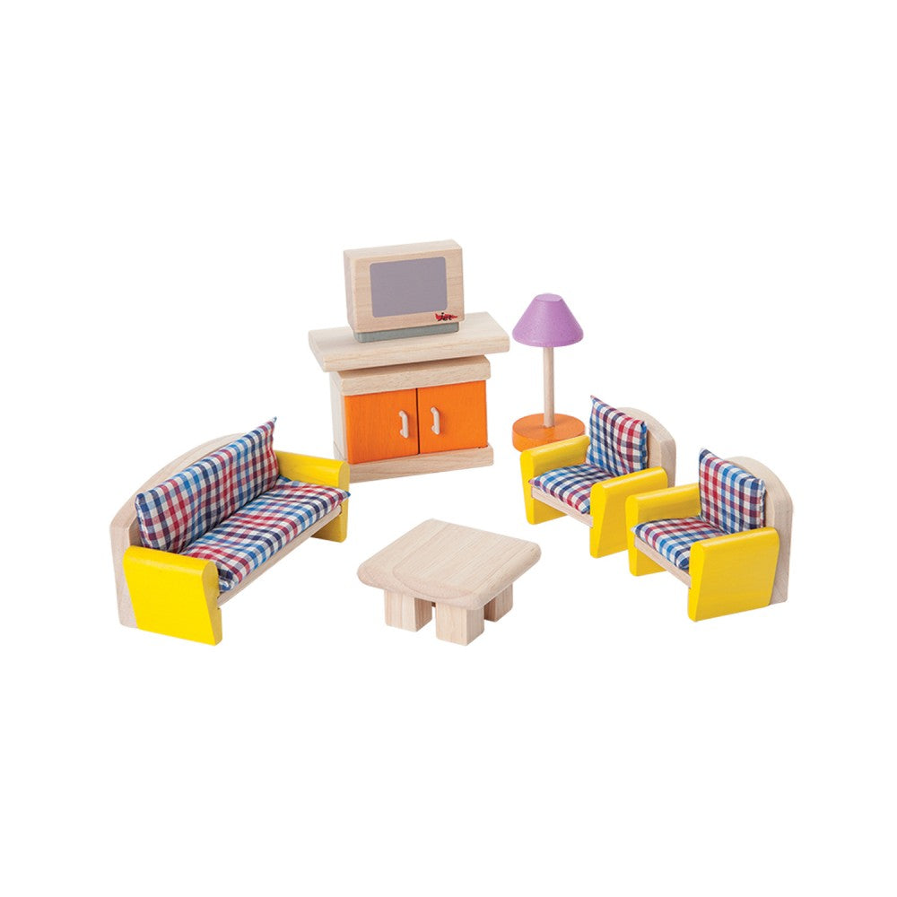 Plan Toys eco friendly dolls house lovely living room with TV, small table, lamp stand and 3 cushioned chairss