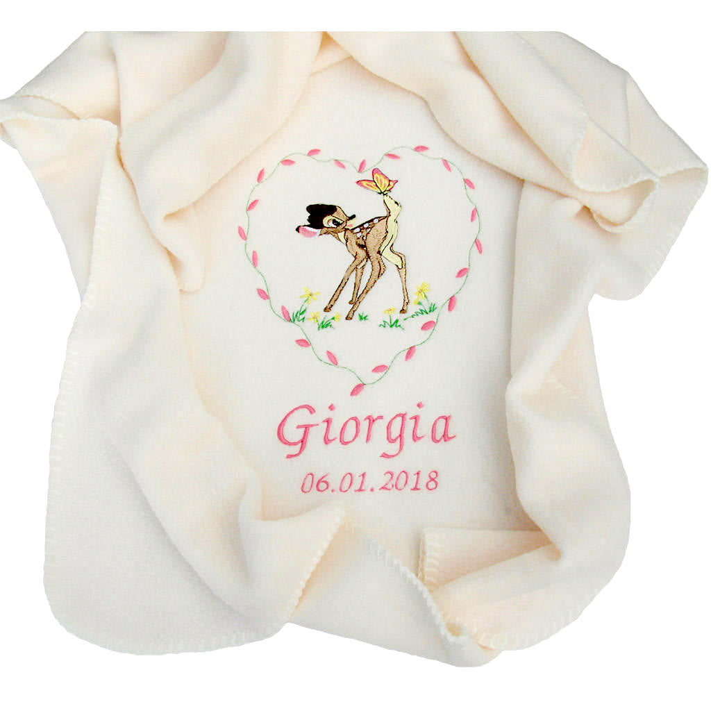 Handmade Personalised Bambi Baby Blanket with pink heart surrounding Bambi