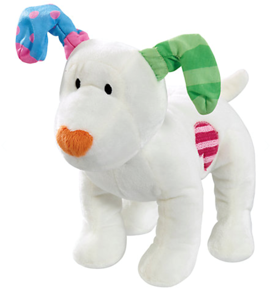 Rainbow Design Snowdog Bean Toy with yellow nose and green and blue ears 