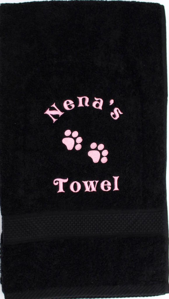 A large black Personalised pet Cat bath Towel with gold name and pet paws