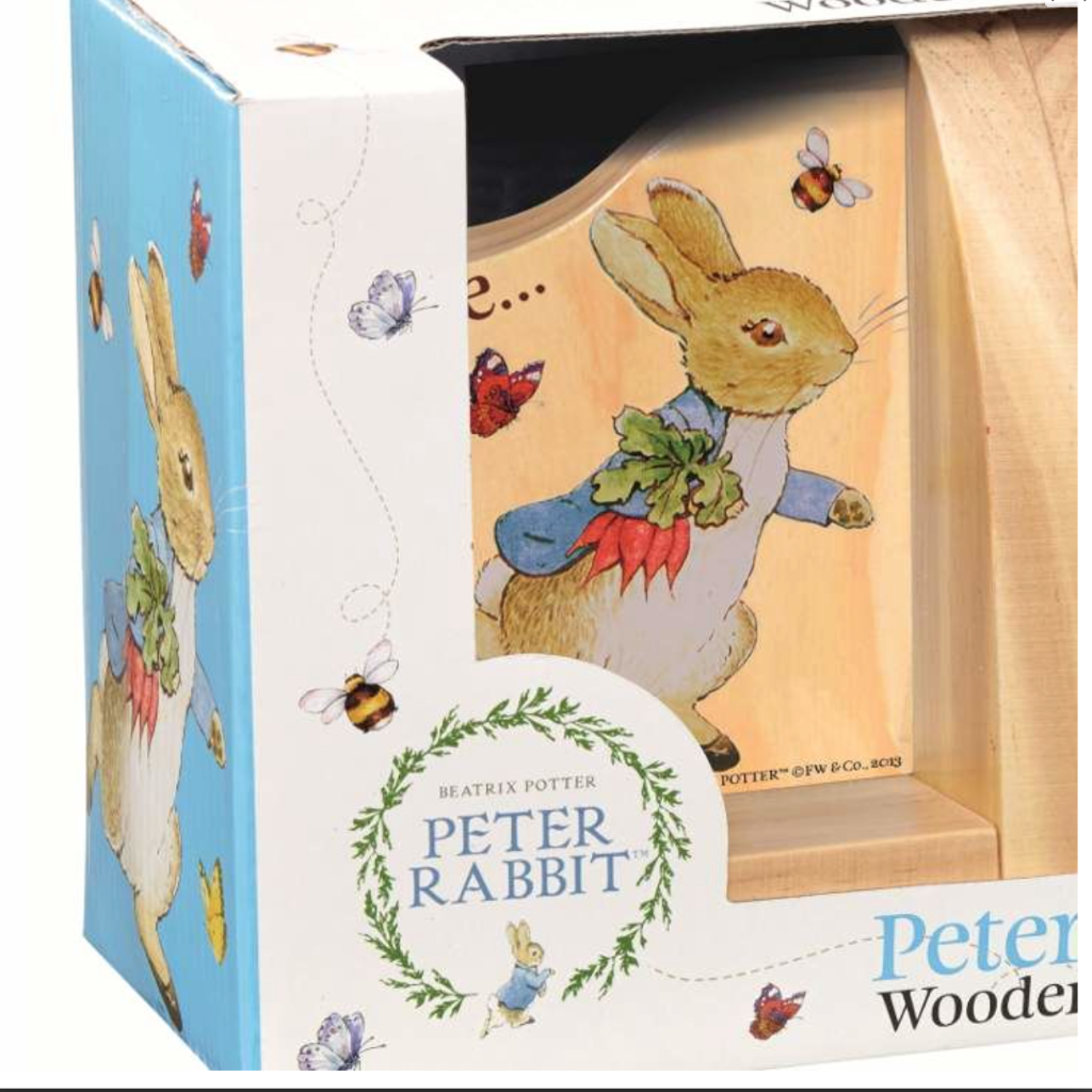 Another closeup of Beautiful Peter Rabbit Wooden Bookends in colourful box packaging 