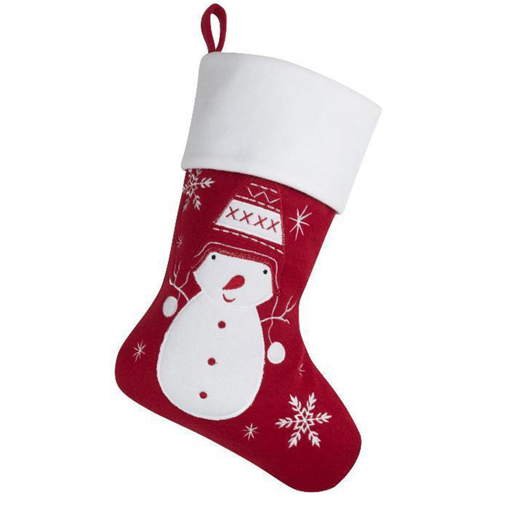 A personalised red Nordic Snowman Christmas Stocking that can have a name embroidered 