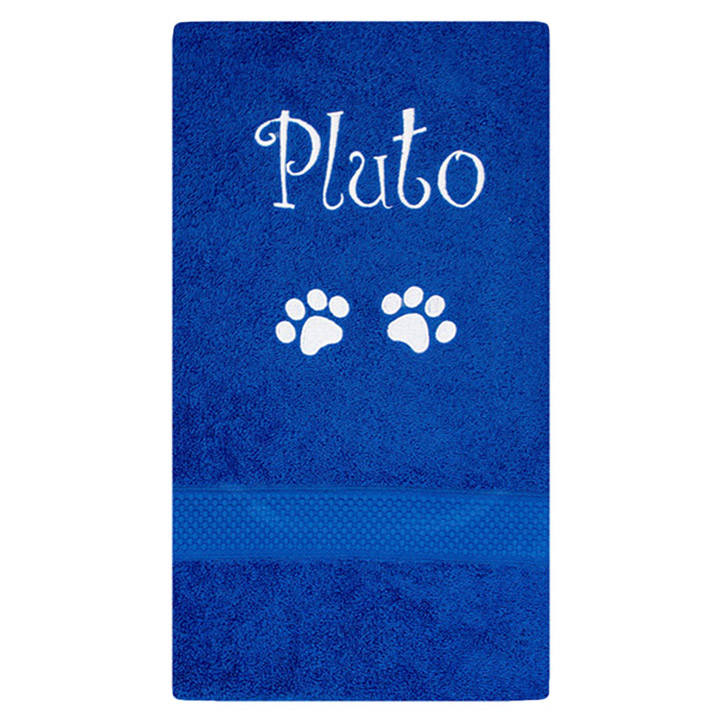 A medium Blue Dog Towel Personalised with name and paw prints