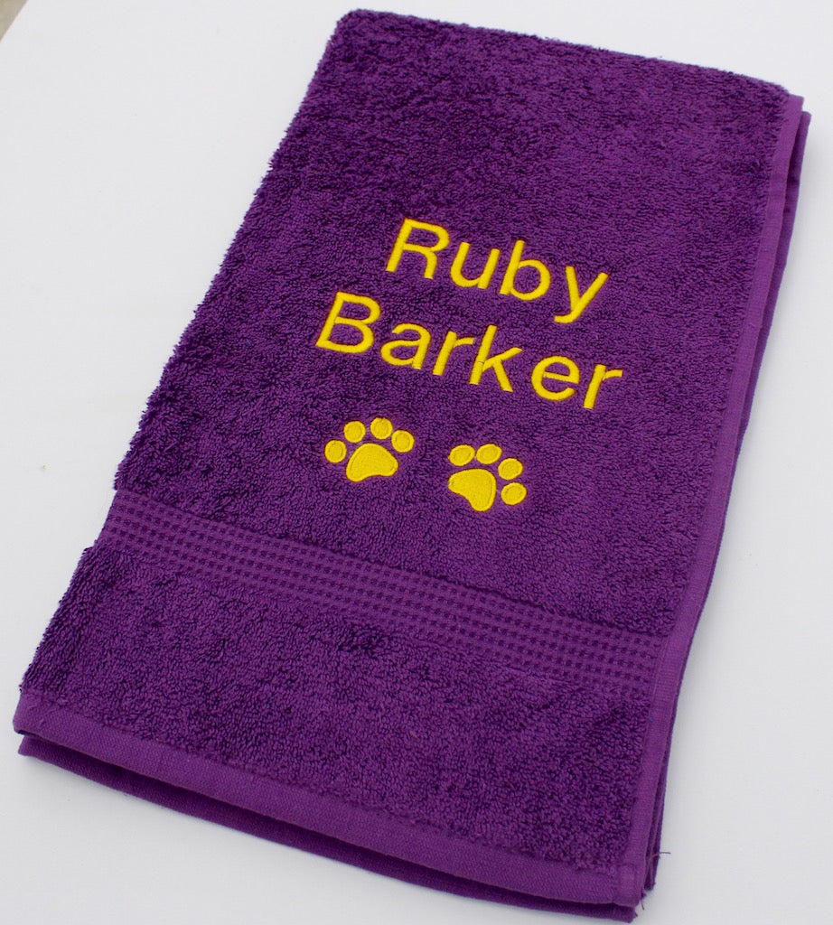 A purple medium size Pet Cat Towel Personalised in gold with name and paw prints