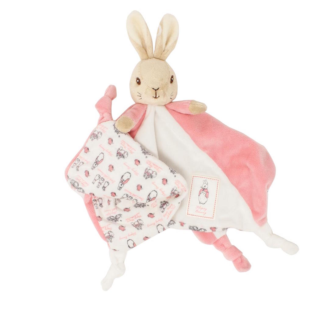 A white and pink Beatrix Potter Flopsy Bunny Comforter shown lying down that can be personalised