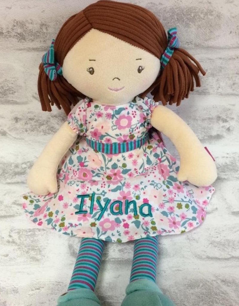 A Fran Rag Doll from Bonikka with a lovely beautiful flowery dress, brown hair and personalisation