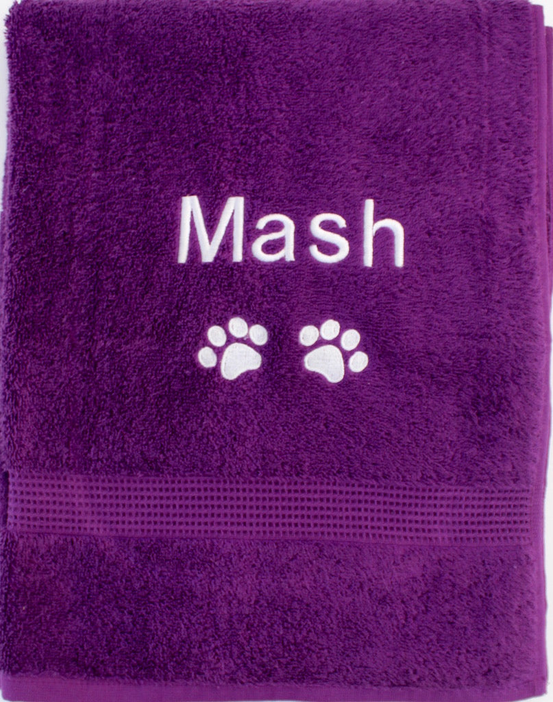 A Large Purple Pet Cat Bath Towel Personalised with name and paw prints