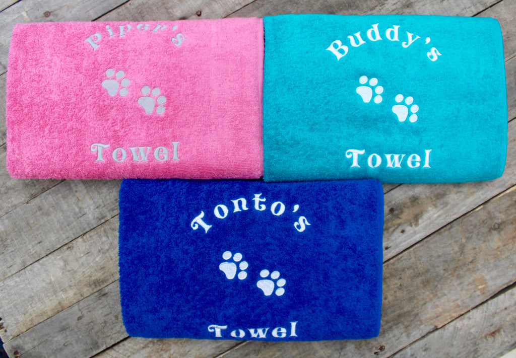 Three large pink, aqua, blue coloured Personalised pet Cat bath Towel with name and pet paws