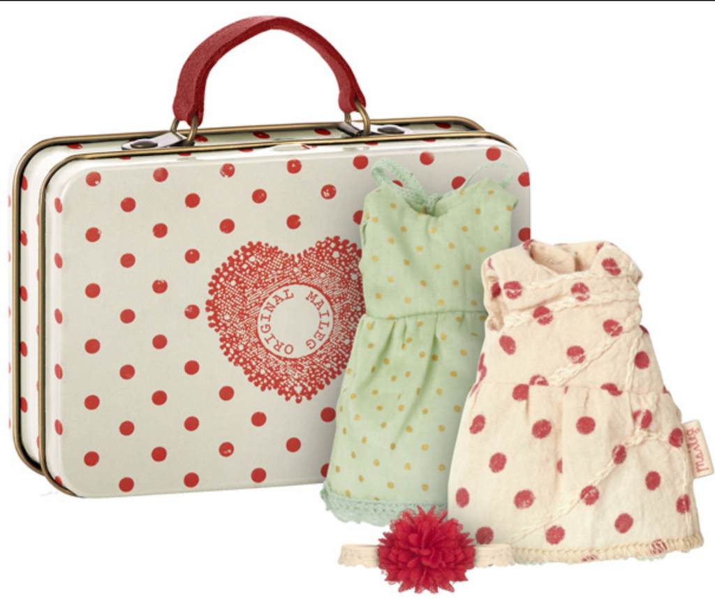 Maileg Spotty Metal Suitcase with 2 Sets of Clothes