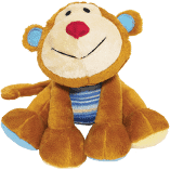 Rosewood Chubleez Marvin Monkey Dog Toy with a huge smile and blue stripped shirt