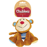 Rosewood Chubleez Marvin Monkey Dog Toy with a huge smile and blue stripped shirt and tag above