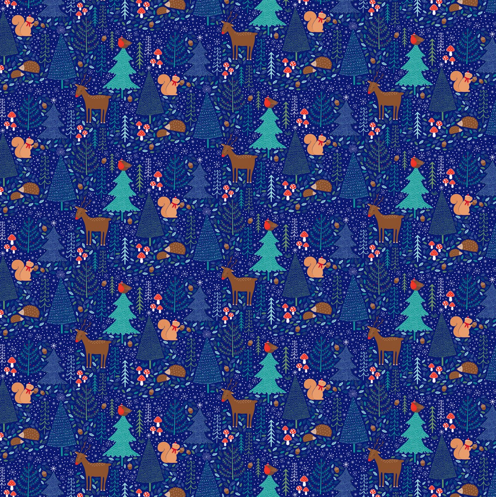 Beautiful Midnight Woodland Wrapping Paper with deer, squirrels and mushrooms on blue paper trees and 