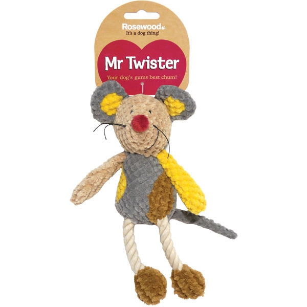 Rosewood Mr Twister Molly Mouse Dog Toy with yellow ears, rope legs and tag above