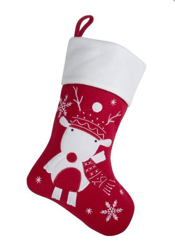 Red Personalised Nordic Reindeer and snow Christmas Stocking with name that can be embroidered at the top