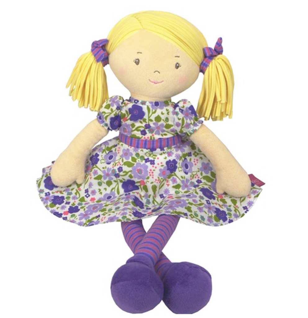 A Peggy Rag Doll from Bonikka in a purple flowery dress, blonde hair and with personalisation  