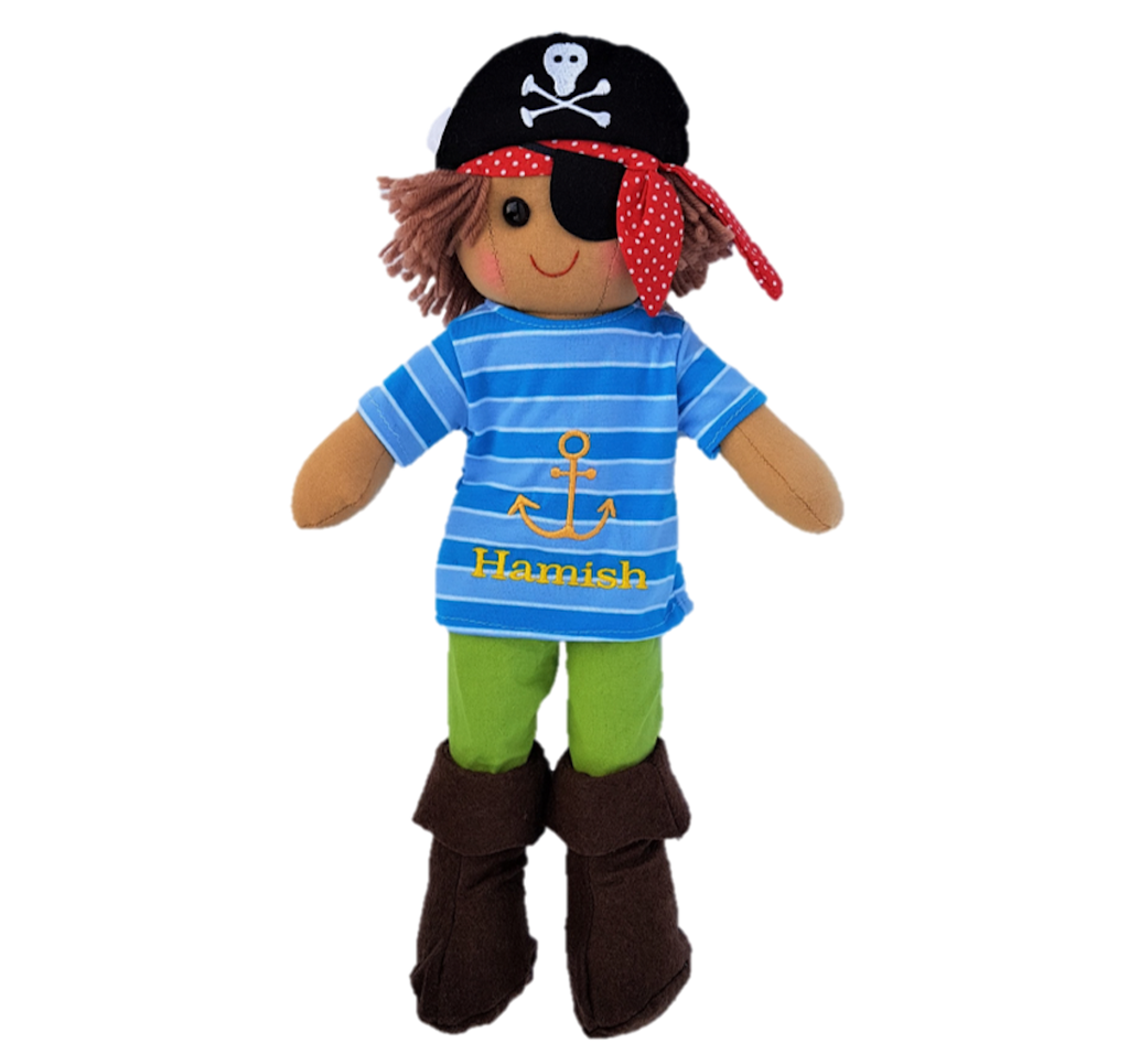 Powell Craft Rag Doll Pirate at 40cm tall with skull and crossbone hat, eye patch,  blue and white stripped shirt and green pants