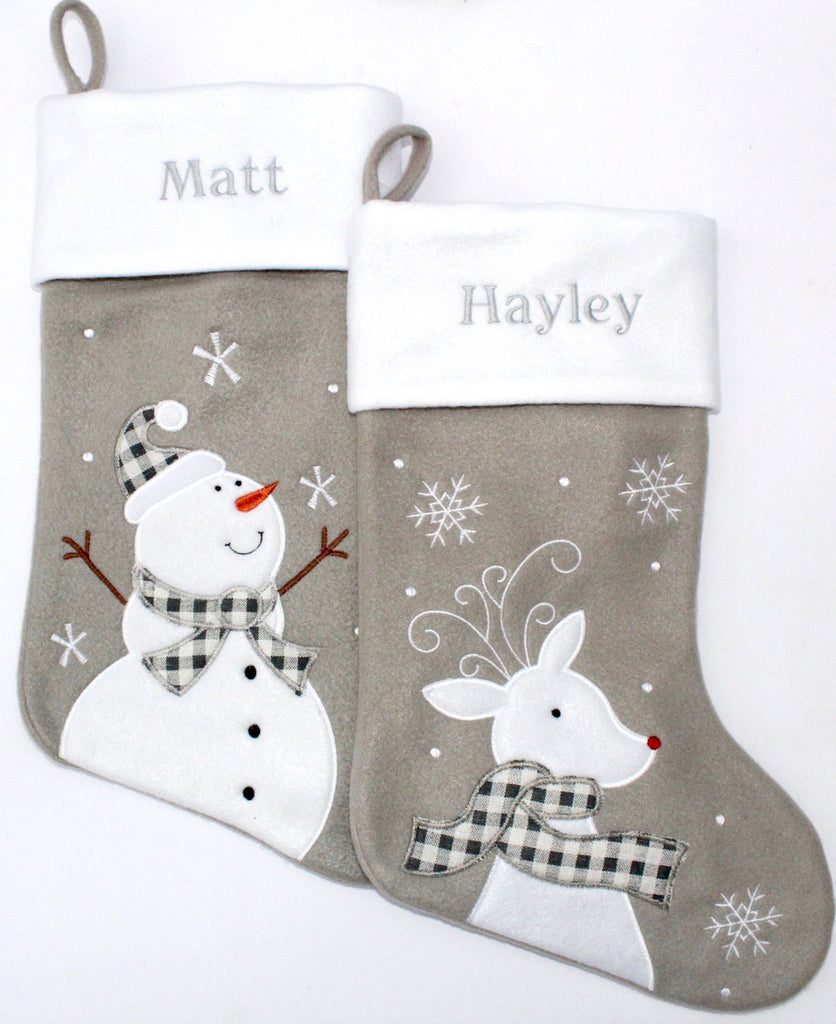 Two Grey Delux Snowman and Reindeer Christmas Stockings with personalised name embroidered above