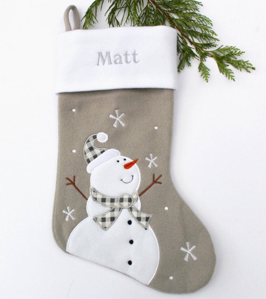 Grey Deluxe Snowman Christmas Stocking with personalised name embroidered above