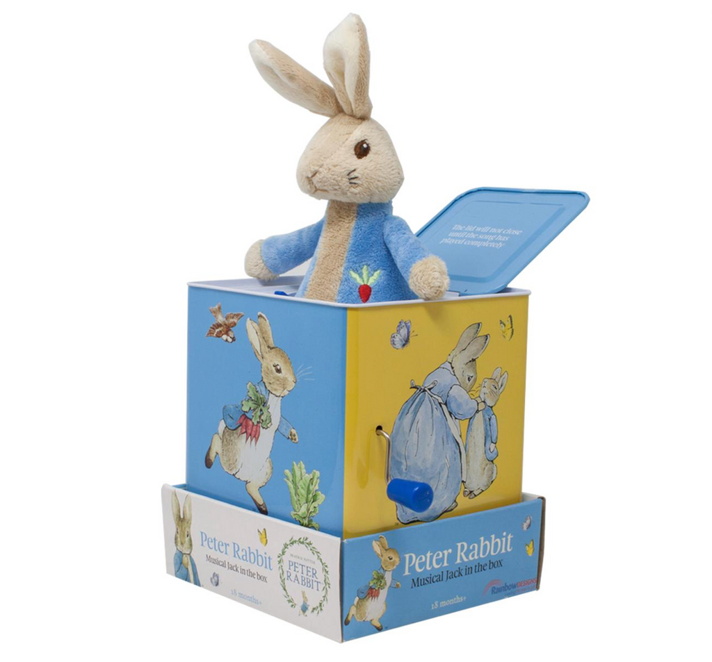 Beatrix Potter Peter Rabbit Jack in the Box toy gift with bunny standing up in box