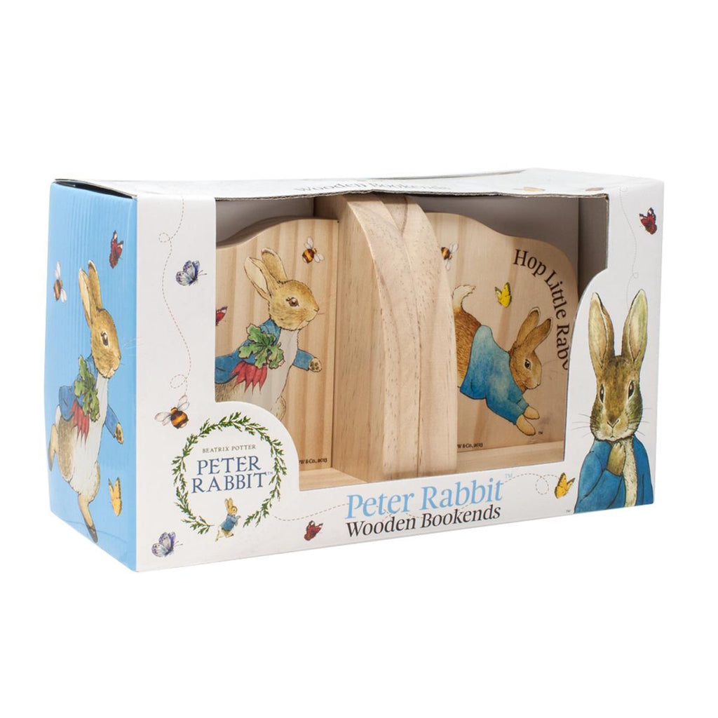 Beautiful Peter Rabbit Wooden Bookends in colourful box packaging 