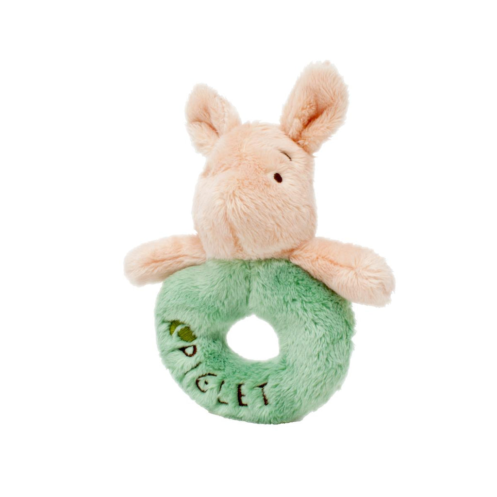 Hundred Acre Wood Piglet Ring Rattle with pink face and green ring