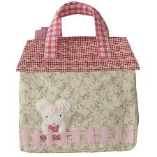 Back side of a Powell Craft Mouse House Handbag with pink checker door, hearts and wavy pattern roof is a great Christmas gift