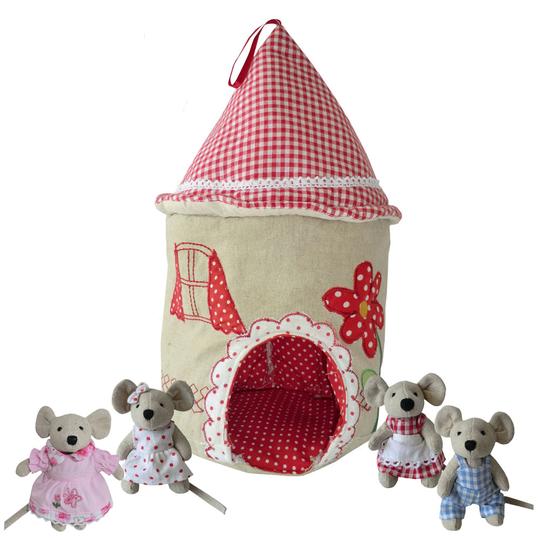 Powell Craft Mouse House with red embroidery, round entrance doorway and four mice standing ready to go in Beautiful Christmas gift