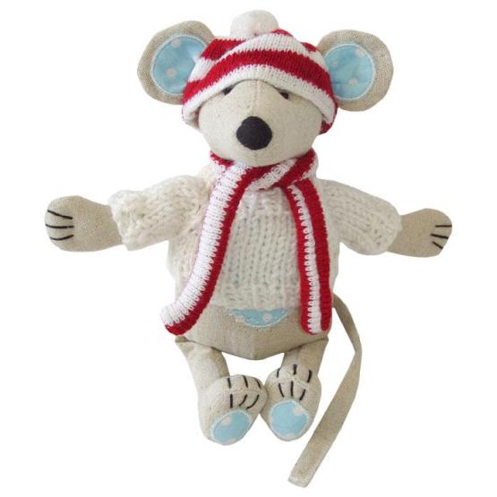 Powell Craft mouse with red and white hat and scarf.  Arms outstretched with thin long tail. Great gift for Christmas