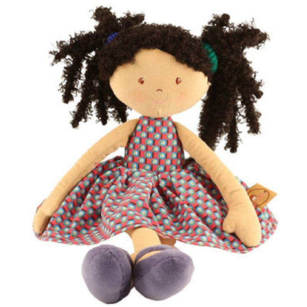 A personalised Bonikka Clara Rag Doll with beautiful dotted embroidered dress and dark hair