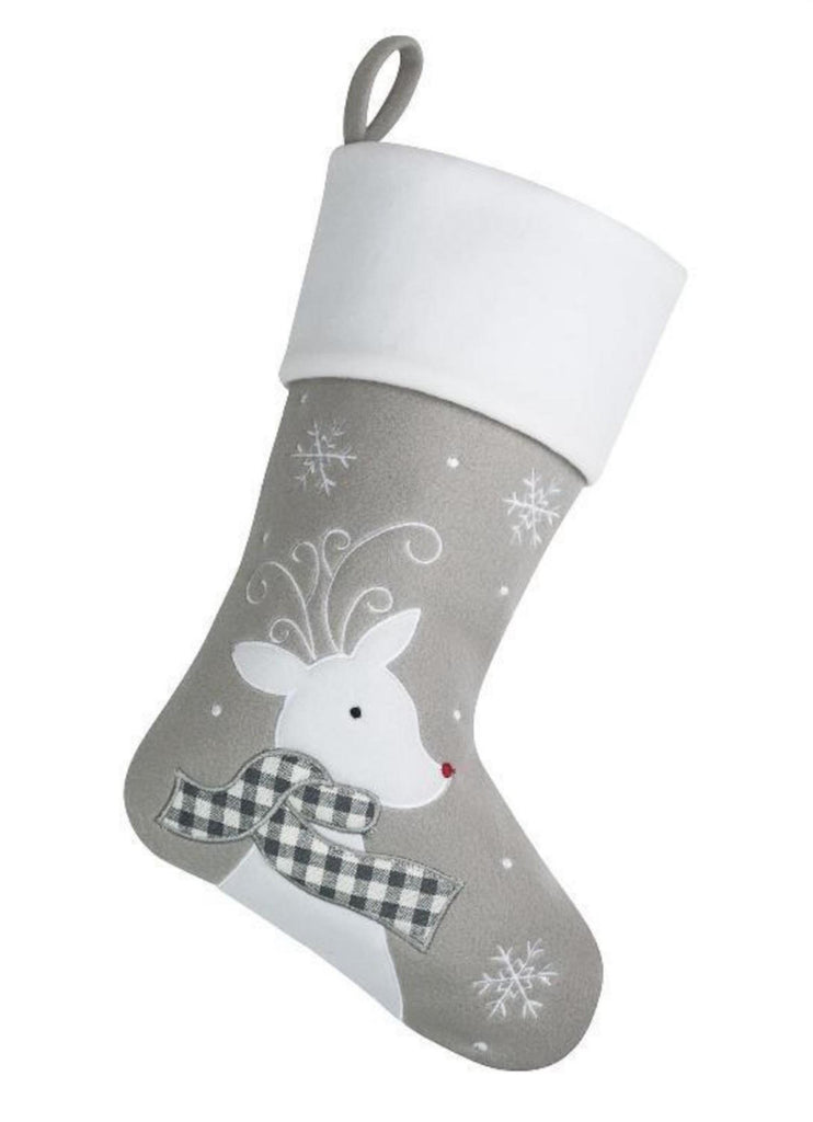 A personalised grey Christmas stocking with white deer, snow 