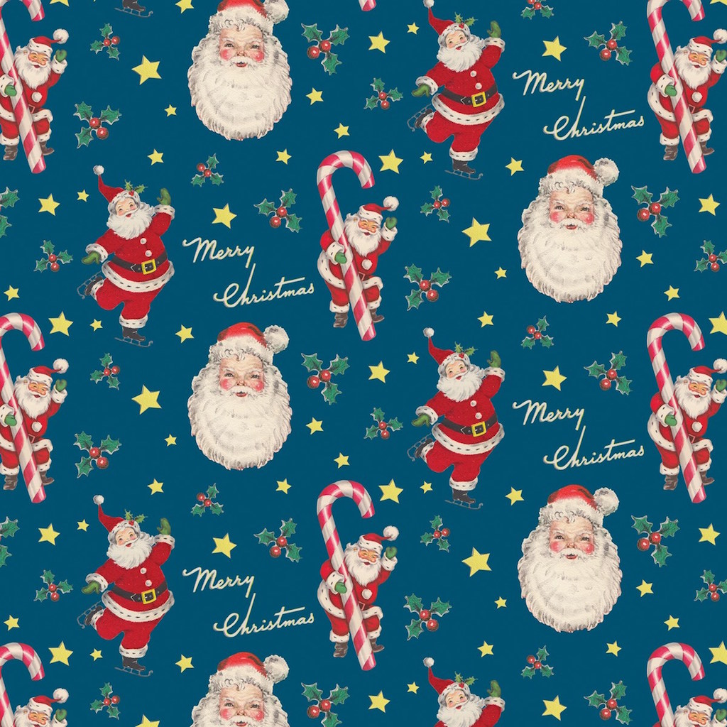 Beautiful Retro Christmas Wrapping Paper with Santa Claus and Candy Canes on green paper. Idea for Christmas gift and present wrapping