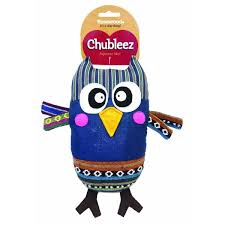 Rosewood Chubleez Patch Owl Dog Toy with wide eyes and a yellow beak with tag above