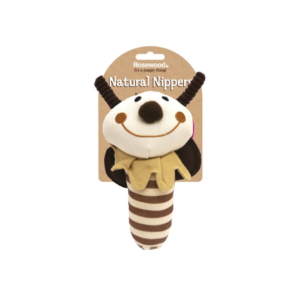 Rosewood Natural Nippers Shake & Rattle brown, white and black stripped body and happy smile with tag above