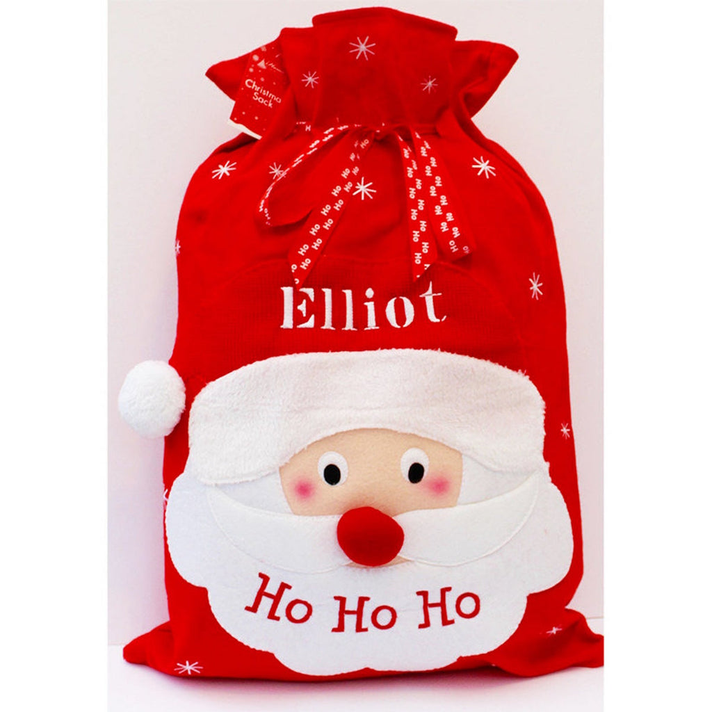 A large red personalised Santa Sack with large red nose, Ho Ho Ho across Santa's Face and embroidered name across the hat