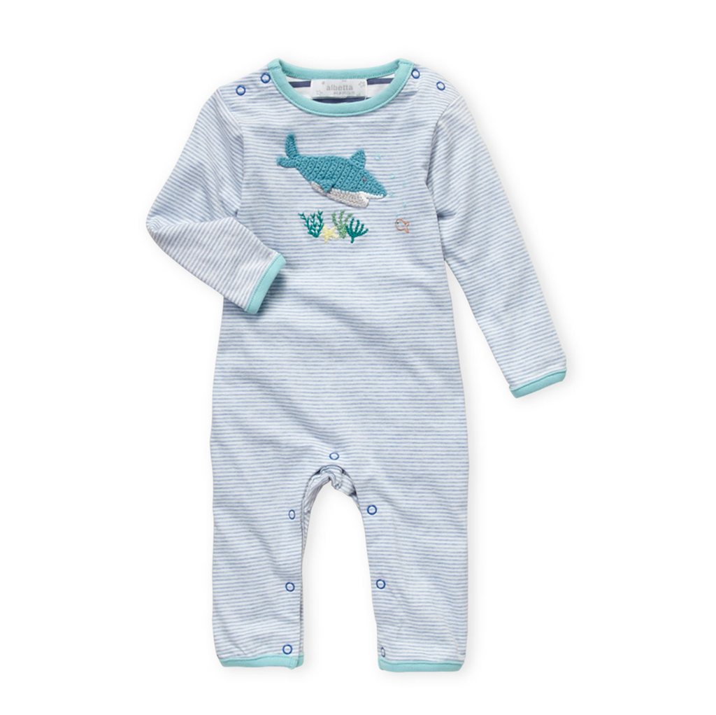 A beautiful Albetta Crochet Shark Babygrow with green shark embroidered on the front