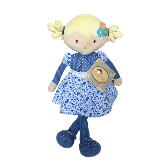 A personalised Skye Rag Doll from Bonikka with blonde hair, blue shoes and a  blue dress that can have a name embroidered