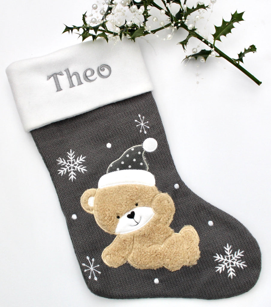 Teddy Bear Grey Deluxe Christmas Stocking - Personalised