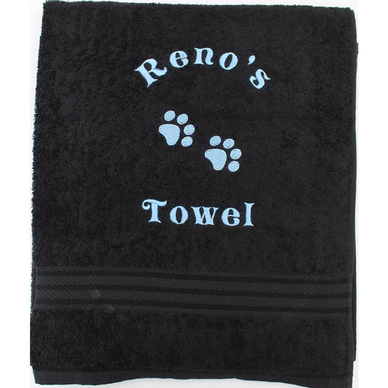A large black Personalised pet Cat bath Towel with name and pet paws