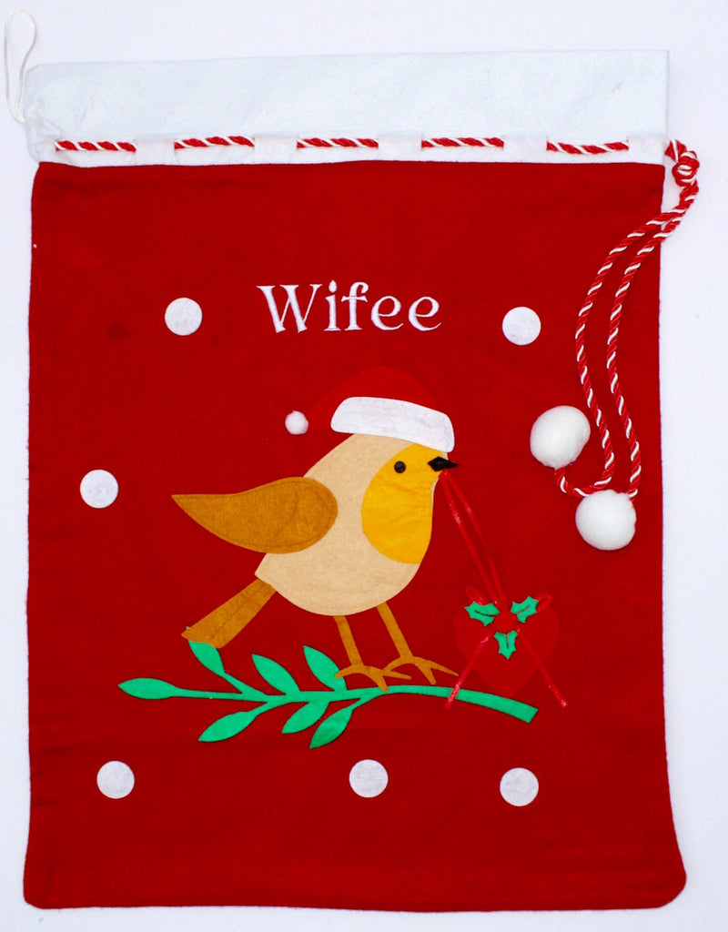 Flat picture of a personalised Red Christmas Robin Sack with Santa Bird on the front where a name can be embrodiered