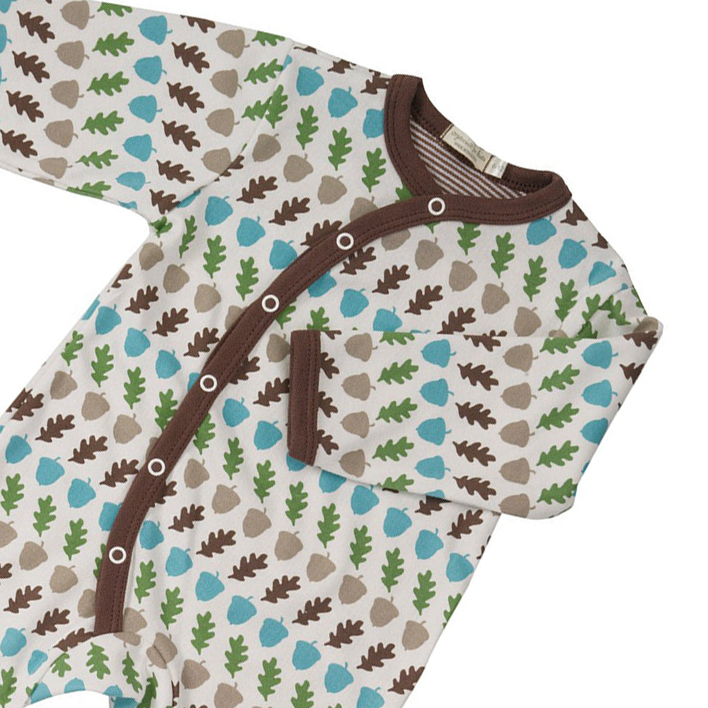 close up of a superb quality brown Acorn Romper from Pigeon Organics