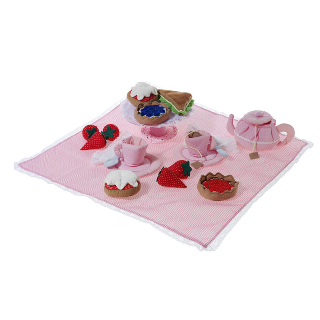 Oskar and ellen childrens shabby chic English tea set cucumber sandwich, strawberries and table clothe