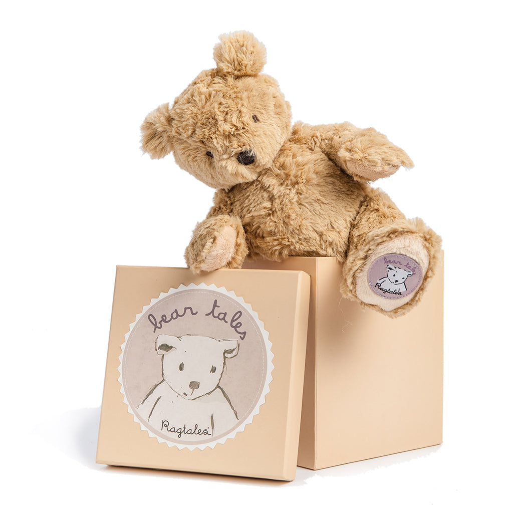 Climbing out of the box Ragtales Darcy is a gorgeous traditional Teddy Bear that comes finished in the softest white fur & velvety chocolate brown nose