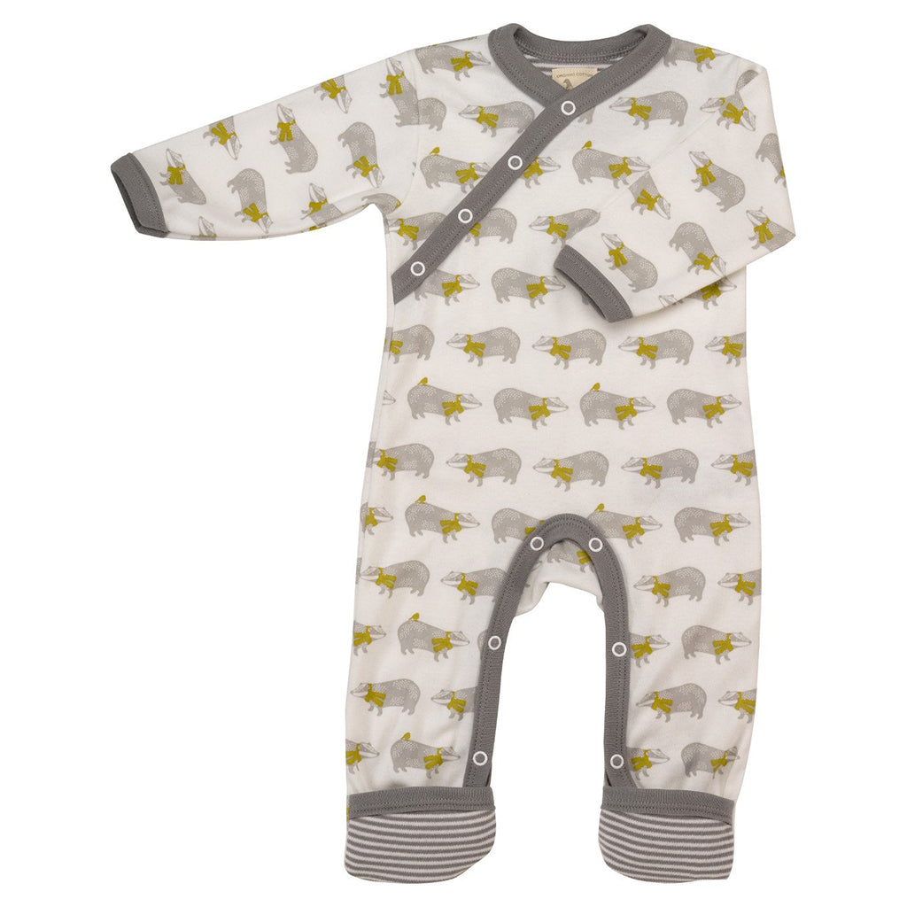 A top quality organic Badger Romper from Pigeon Organics - grey, white and mustard colours 