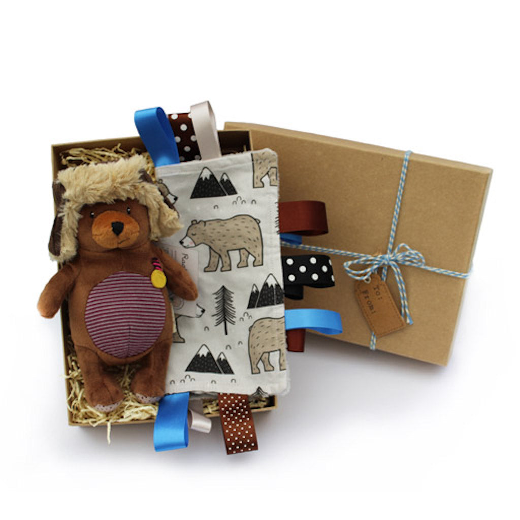 Hedgehog Gifts baby gift suitcase set with ragtales parker bear soft toy and handmade mountain bear