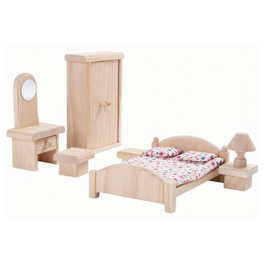 Plan Toys dolls house bedroom with double bed 2 bedside tables lamp wardrobe vanity table and stool