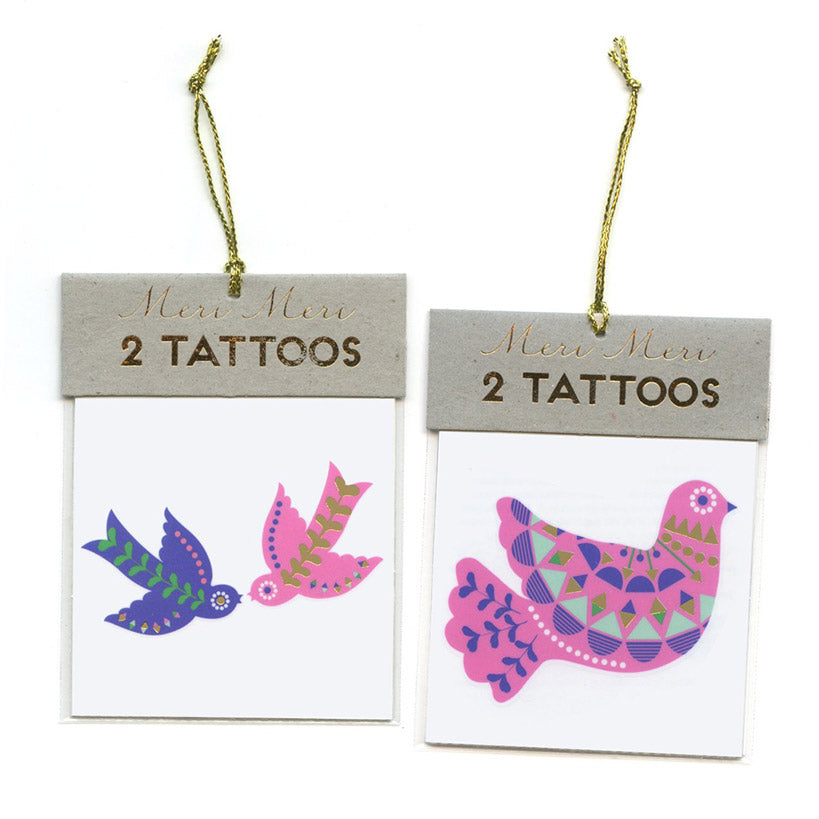 Meri Meri bird tattoos decorated with delightful colourful shimmery gold patterns for young girls