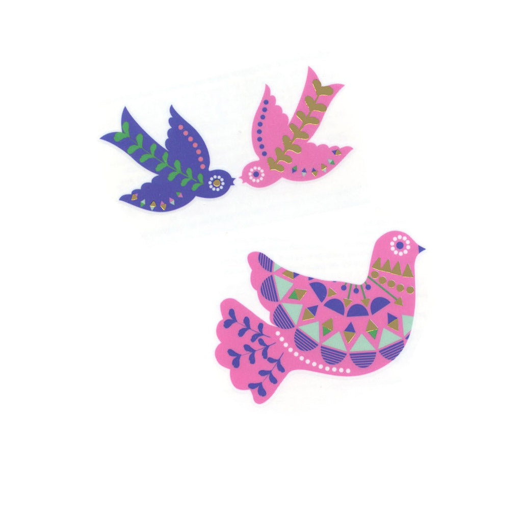 Meri Meri bird transfers decorated with delightful colourful shimmery gold patterns for young kids