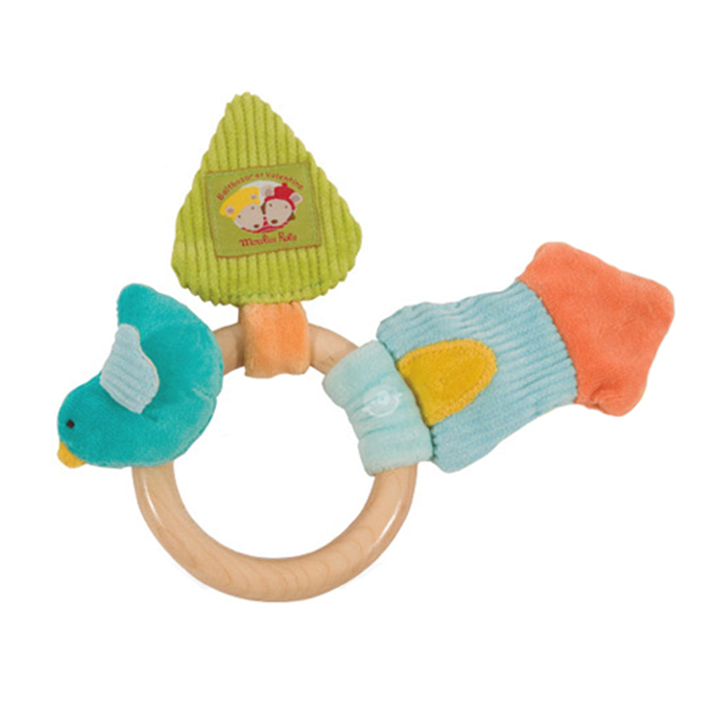 moulin roty blue orange green baby wooden play teething ring with soft fabric accessories bird and house