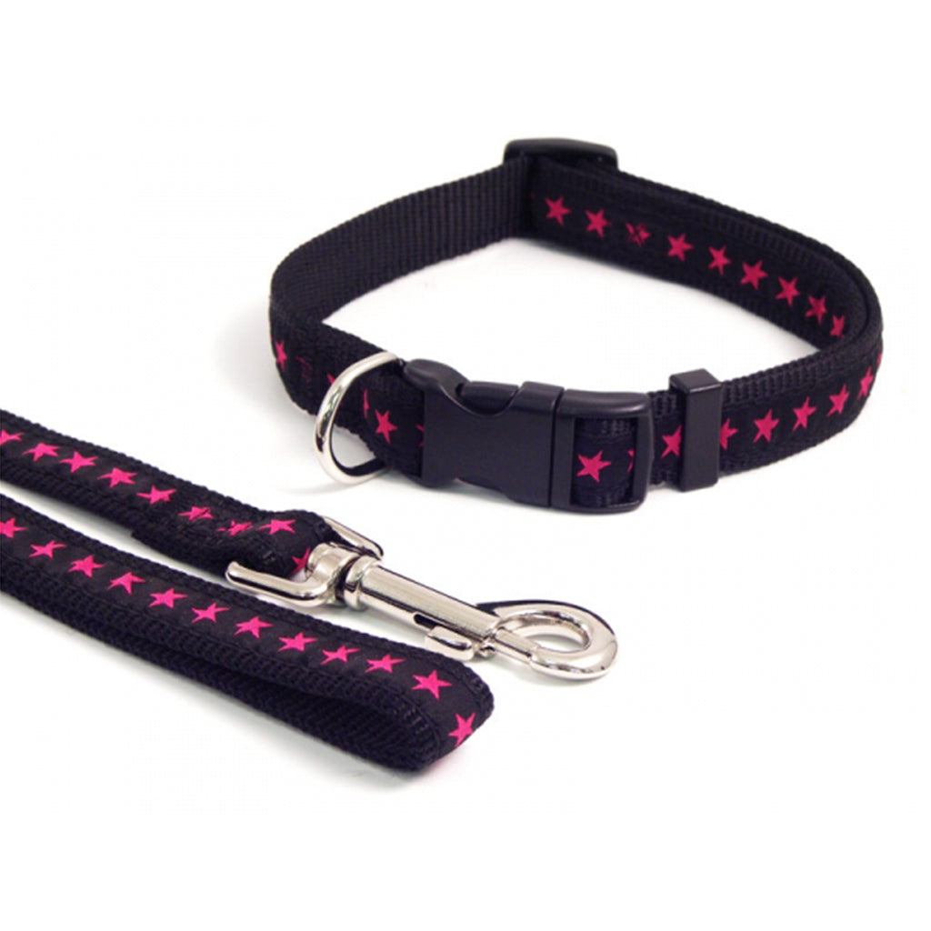 The Hot Pink Star Dog Collar with a metal d-ring to attach a dog identity tag and the plastic buckle offers quick and easy release.   